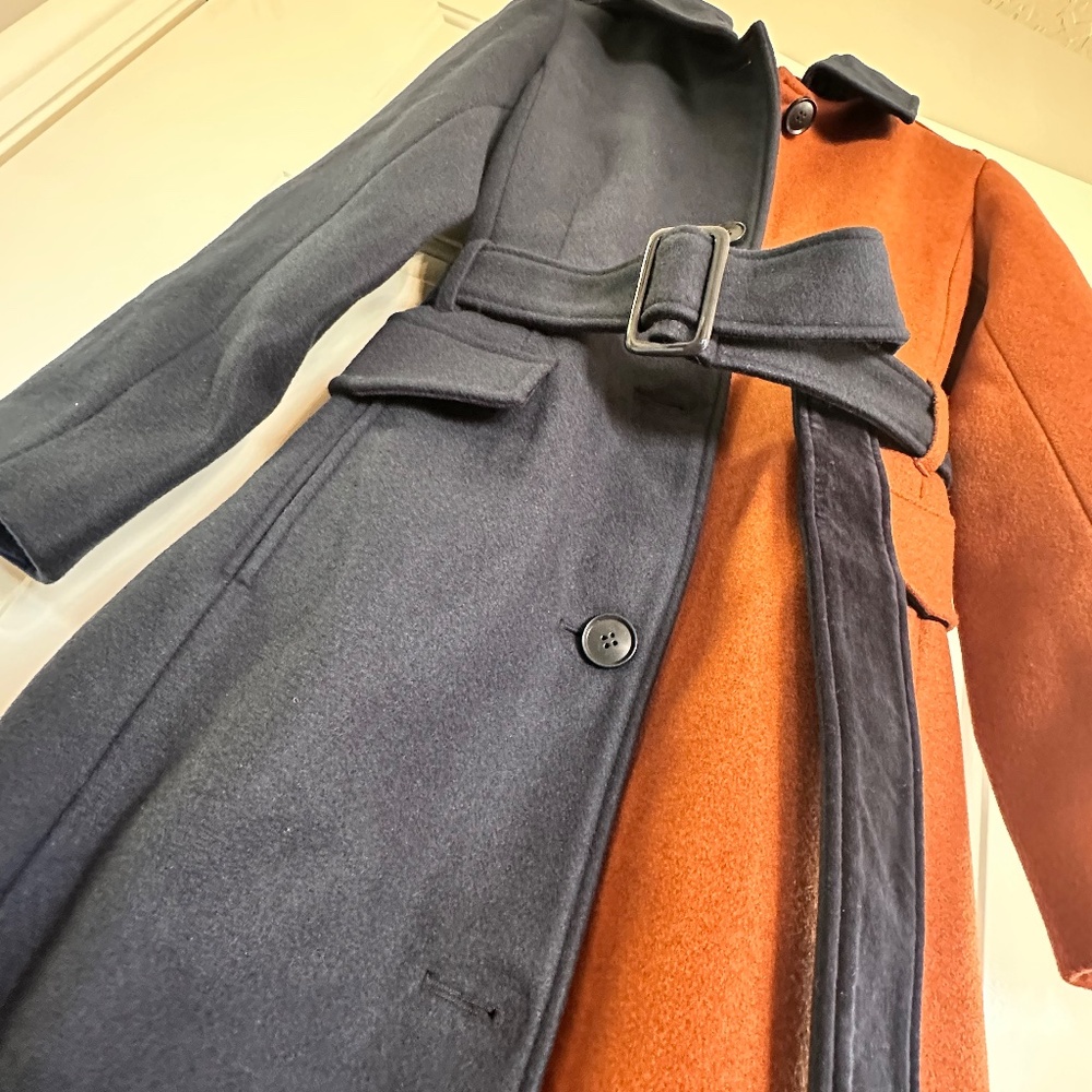 Brand new! Badgley Mischka Terry color blocking Cognac/Navy long coat. Size-M. - Picture 7 of 16